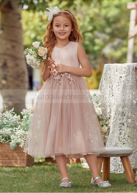 Blush Satin Tulle Sequin Appliques Flower Girl Dress Photoshoot Dress